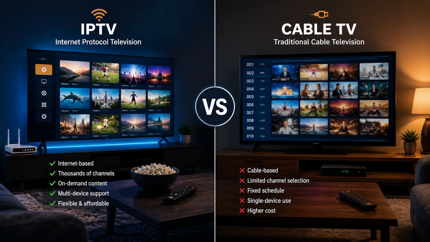 Side-by-side home entertainment setup comparing IPTV vs cable TV