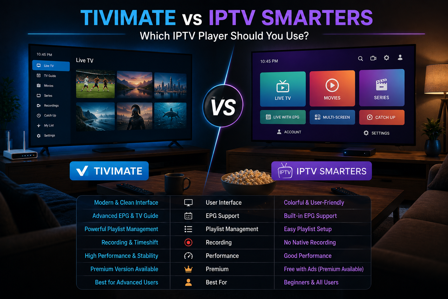 TV setup used to compare TiviMate and IPTV Smarters IPTV players